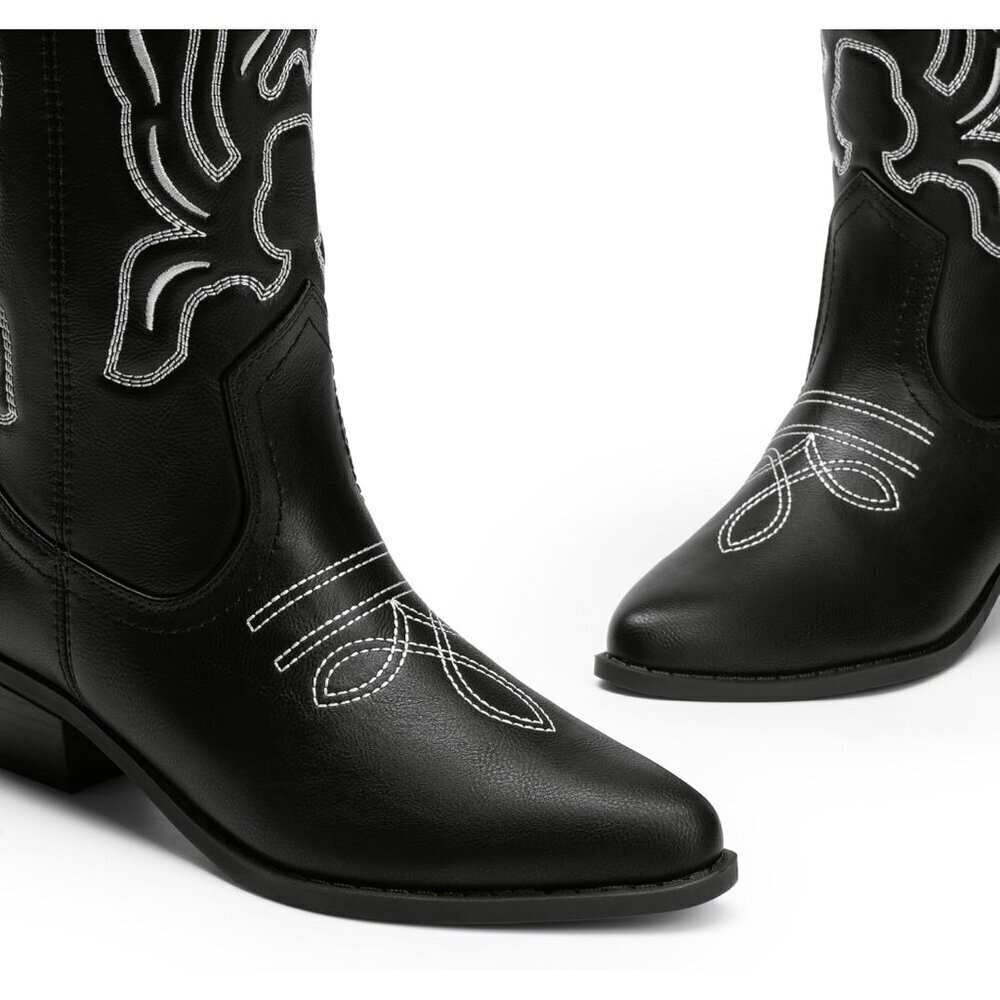 Women's Black-PU Mid Calf Western Embroidery Stitched Faux Leather Cowgirl Boots - Picture 4 of 7
